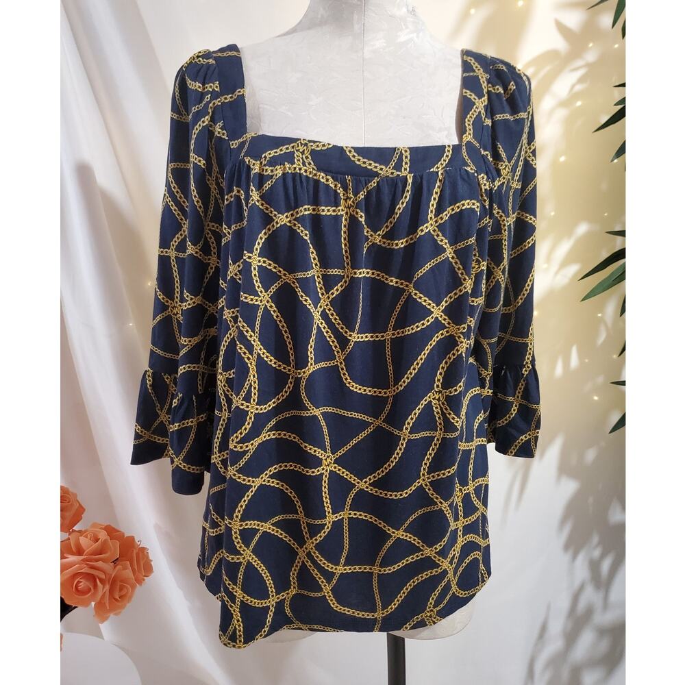 Michael Michael Kors Gold Chain Square Neck 3/4 Bell Sleeve Top Womens Size L